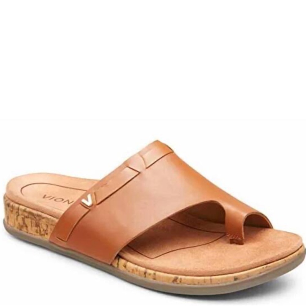 Vionic Cindy Tan Leather Toe Loop Orthotic Wedge Sandals Women's Size 9